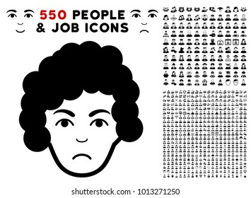 Sadly Hairstyle Head icon with 550 bonus pitiful and happy user pictograms. Vector illustration style is flat black iconic symbols.