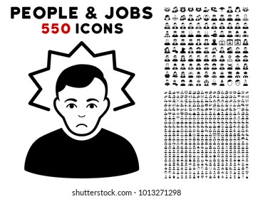 Sadly Inventor icon with 550 bonus pity and happy jobs images. Vector illustration style is flat black iconic symbols.