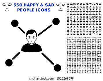 Sadly Man Links icon with 550 bonus pity and glad user symbols. Vector illustration style is flat black iconic symbols.