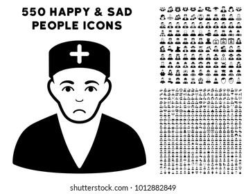 Sadly Medic pictograph with 550 bonus pity and happy person clip art. Vector illustration style is flat black iconic symbols.