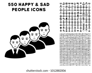 Sadly Men Queue icon with 550 bonus sad and glad user design elements. Vector illustration style is flat black iconic symbols.