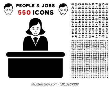 Sadly Official Lady pictograph with 550 bonus pity and happy person graphic icons. Vector illustration style is flat black iconic symbols.