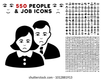 Sadly People icon with 550 bonus pitiful and happy jobs symbols. Vector illustration style is flat black iconic symbols.