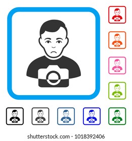 Sadly Photographer vector pictogram. Person face has affliction emotions. Black, grey, green, blue, red, pink color versions of photographer symbol inside a rounded rectangle.