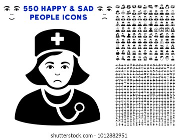 Sadly Physician Lady pictograph with 550 bonus pitiful and glad men pictographs. Vector illustration style is flat black iconic symbols.