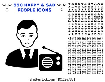 Sadly Radio Dictor pictograph with 550 bonus pity and happy men design elements. Vector illustration style is flat black iconic symbols.