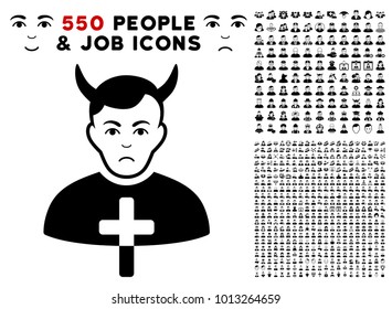 Sadly Satan Priest pictograph with 550 bonus pity and glad men symbols. Vector illustration style is flat black iconic symbols.