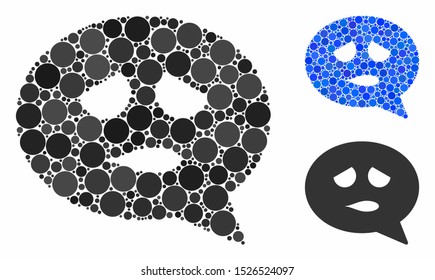 Sadly smiley message mosaic for sadly smiley message icon of circle elements in different sizes and color tints. Vector circle elements are grouped into blue mosaic.