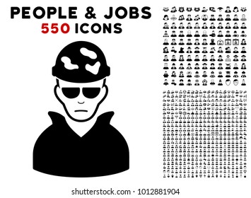 Sadly Soldier pictograph with 550 bonus pitiful and happy user pictographs. Vector illustration style is flat black iconic symbols.