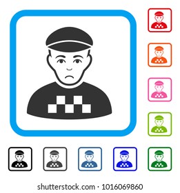 Sadly Taxi Driver vector pictograph. Human face has sad mood. Black, gray, green, blue, red, orange color variants of taxi driver symbol inside a rounded squared frame.