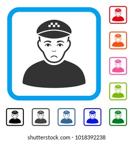Sadly Taxi Driver vector pictograph. Person face has stress mood. Black, grey, green, blue, red, orange color variants of taxi driver symbol in a rounded square.