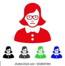Sadly Teacher Lady vector icon. Vector illustration style is a flat iconic teacher lady symbol with gray, black, blue, red, green color variants. Face has grief expression.