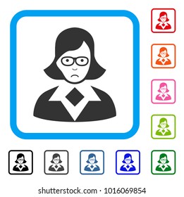 Sadly Teacher Lady vector pictograph. Person face has affliction feeling. Black, grey, green, blue, red, orange color variants of teacher lady symbol inside a rounded rectangular frame.