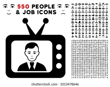 Sadly TV Dictor icon with 550 bonus pity and glad people pictograms. Vector illustration style is flat black iconic symbols.