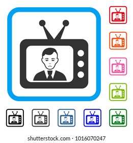 Sadly TV Dictor vector icon. Human face has affliction feeling. Black, grey, green, blue, red, orange color versions of tv dictor symbol in a rounded rectangle.