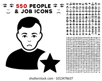 Sadly User Rating Star pictograph with 550 bonus sad and happy people icons. Vector illustration style is flat black iconic symbols.