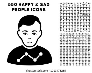 Sadly User Stats icon with 550 bonus pity and glad people graphic icons. Vector illustration style is flat black iconic symbols.