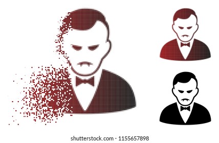 Sadly vampire icon in sparkle, pixelated halftone and undamaged whole versions. Fragments are combined into vector sparkle vampire icon. Person face has desperate feeling.