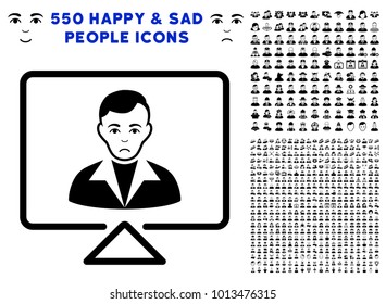 Sadly Video Contact pictograph with 550 bonus pitiful and glad person design elements. Vector illustration style is flat black iconic symbols.