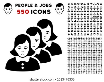 Sadly Woman Group pictograph with 550 bonus pitiful and glad person clip art. Vector illustration style is flat black iconic symbols.