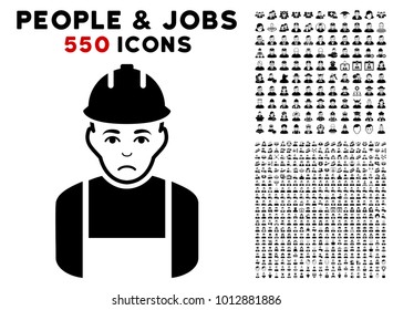 Sadly Worker icon with 550 bonus pitiful and glad user symbols. Vector illustration style is flat black iconic symbols.