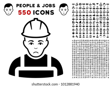 Sadly Worker icon with 550 bonus pity and happy jobs pictographs. Vector illustration style is flat black iconic symbols.