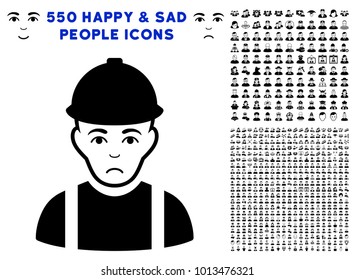 Sadly Worker icon with 550 bonus pitiful and glad user icons. Vector illustration style is flat black iconic symbols.