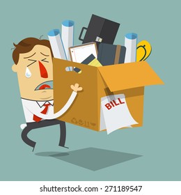 Sadness businessman holding the carton box. Quite job. Resign form work. Dismissed employee. Cartoon character. Vector Illustration. 