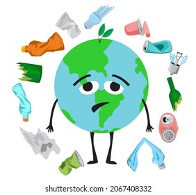 Caricatura de tristeza personaje de globo terráqueo y basura alrededor. Dejen de contaminar al mundo. Concepto de calentamiento global. Ilustración aislada sobre fondo blanco. Afiche sobre el problema de la ecología de la contaminación por plástico.