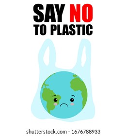 Sadness cartoon globe character holding plastic bag.
