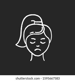 Sadness chalk icon. Unhappy expression. Low mood. Emotionally drained girl. Anxious woman. Loneliness and solitude. Depression and stress. Feeling grief. Isolated vector chalkboard illustration