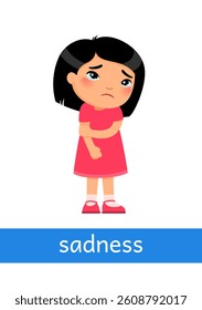 Sadness - concept of emotion. Little sad girl with tears in her eyes. Learning English language. Children psychology. Cute cartoon character