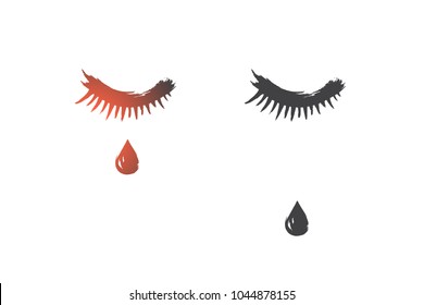 Sadness concept. Hand drawn closed eyes with a teardrop on face. Tear runs down on cheek isolated vector illustration.