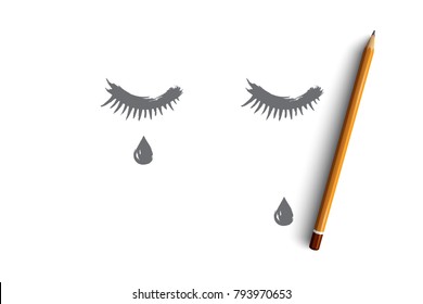 Sadness concept. Hand drawn closed eyes with a teardrop on face. Tear runs down on cheek isolated vector illustration.