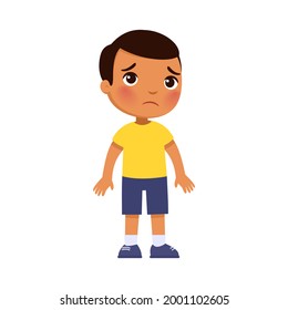 Sadness dark skin little boy flat vector illustration. Upset lonely child standing alone cartoon character. Dark skin kid in bad mood, person unhappy expression