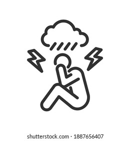 Sadness, depression, anxiety disorder. A lonely man sits and above him a rain cloud with a thunderstorm, linear icon. Line with editable stroke