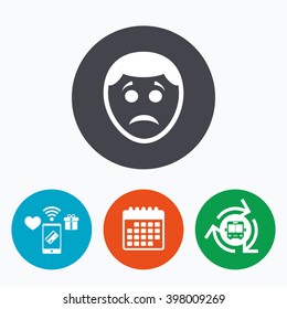 Sadness depression chat symbol. Mobile payments, calendar and wifi icons. Bus shuttle.