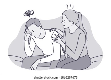 Sadness, grief, mental depression and support concept. Young unhappy man thinking about bad news suffering from depressed state of mind and getting support from friend illustration