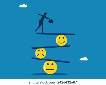 Sadness and happiness. conscious businessman balances a smile and a sad face 