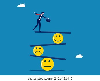 Sadness and happiness. conscious man balances a smile and a sad face 