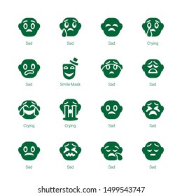 sadness icons. Editable 16 sadness icons. Included icons such as Sad, Crying, Smile Mask. sadness trendy icons for web.