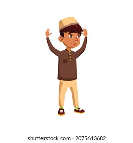 sadness islamic boy hands up and surrendering cartoon vector. sadness islamic boy hands up and surrendering character. isolated flat cartoon illustration