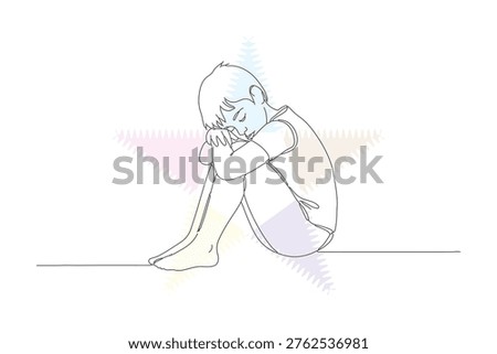 Sadness and Isolation: A Continuous Line Drawing of a Child Lost in Thought, Expressing Vulnerability and Emotional Distress in a Minimalist Style