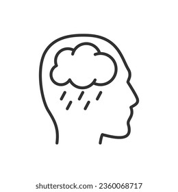 Sadness, linear icon. Bad thoughts, cloud with rain in the head. Line with editable stroke