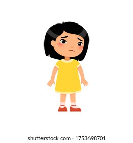 Sadness little Asian girl flat vector illustration. Upset child standing alone cartoon character. Lonely kid in bad mood, person unhappy expression isolated on white background