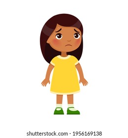 Sadness little Indian girl. Upset dark skin child standing alone cartoon character. Lonely kid in bad mood, person unhappy expression isolated on white background