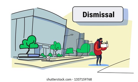 sadness man worker carrying box with things dismissal concept dismissed man going away unemployment crisis city office building cityscape sketch doodle full length horizontal