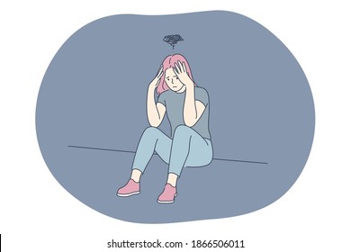 Sadness, mental depression, bad news concept. Young unhappy woman sitting touching head with hands feeling depressed with thoughts after negative events, crying, suffering from loneliness