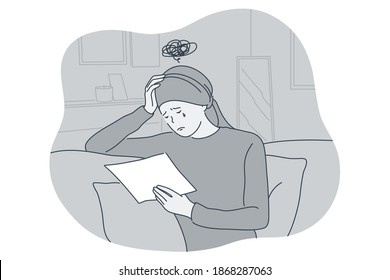 Sadness, mental depression, bad news concept. Young unhappy crying woman sitting and reading letter with bed news and suffering from depressed state of mind illustration 