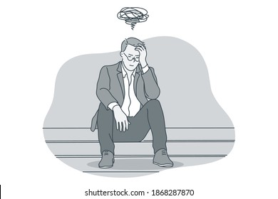 Sadness, mental depression, bad news concept. Young unhappy businessman sitting and thinking about bad news touching head and suffering from depressed state of mind illustration 